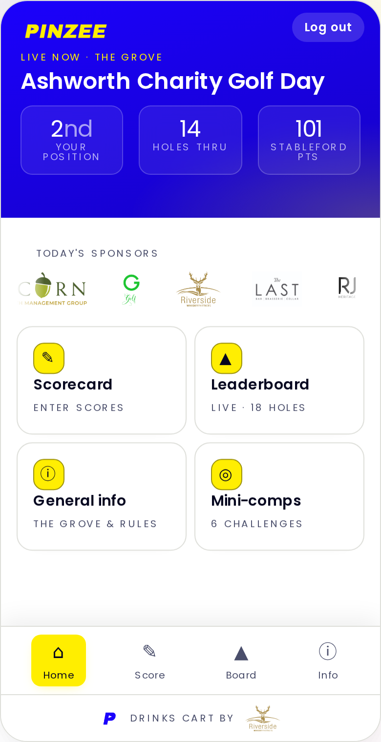 Pinzee admin dashboard for a corporate golf day, showing sponsor branding and live team scores